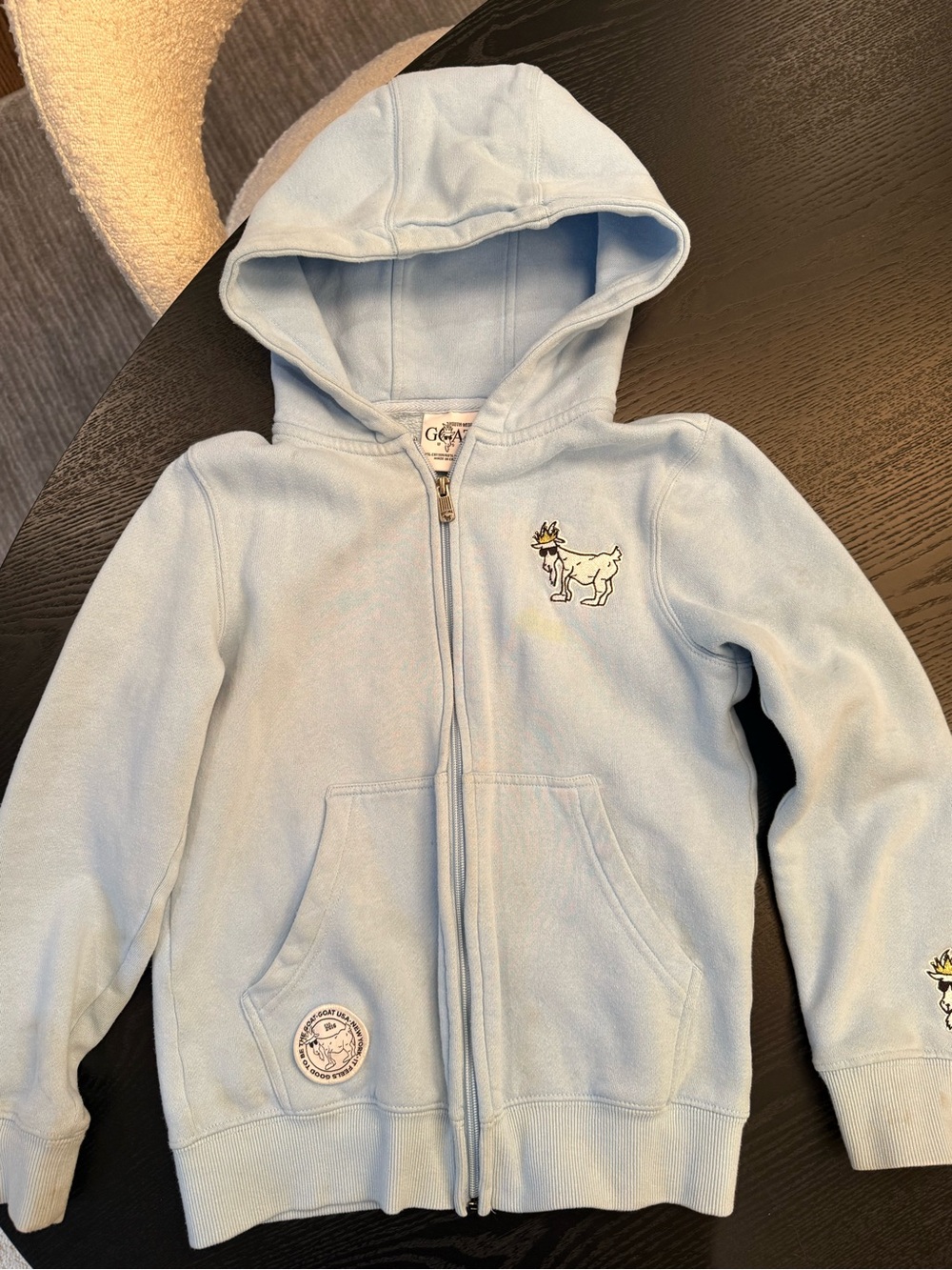 Kids Light Blue Zip Hoodie with Goat Patch